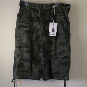 Green and Black Cargo Shorts with Adjustable Fit